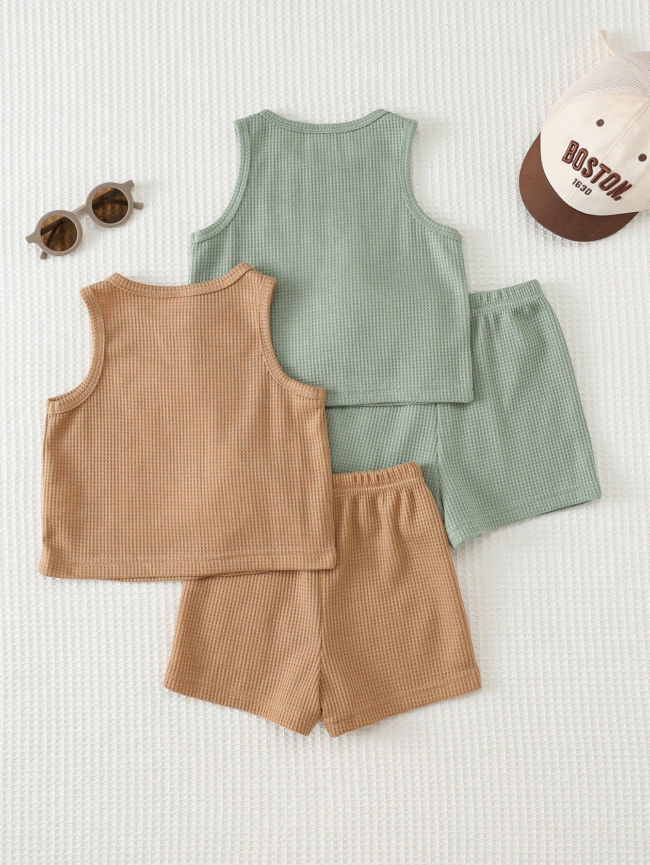 Cozy Pixies Baby Boy Baby Girl Textured Embossed Cute Animal Pattern Loose Tank Top Casual Sports Shorts Set 2 Sets