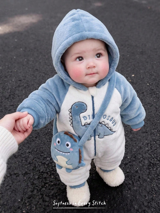 Cozy Pixies Baby Boy Cartoon Dinosaur Pattern Thermal Lined Colorblock Hooded Long Sleeve One-Piece Autumn Winter Jumpsuit, Versatile And Comfortable
