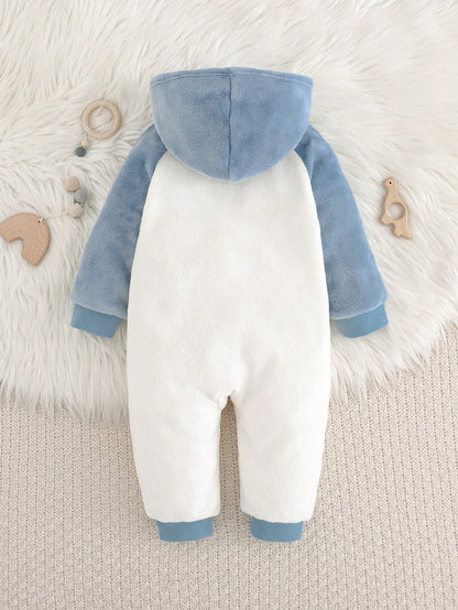 Cozy Pixies Baby Boy Cartoon Dinosaur Pattern Thermal Lined Colorblock Hooded Long Sleeve One-Piece Autumn Winter Jumpsuit, Versatile And Comfortable