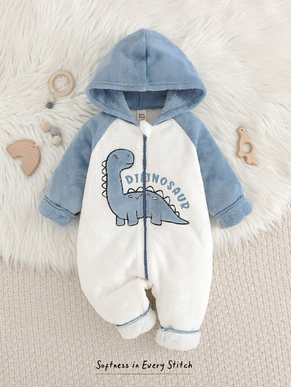 Cozy Pixies Baby Boy Cartoon Dinosaur Pattern Thermal Lined Colorblock Hooded Long Sleeve One-Piece Autumn Winter Jumpsuit, Versatile And Comfortable