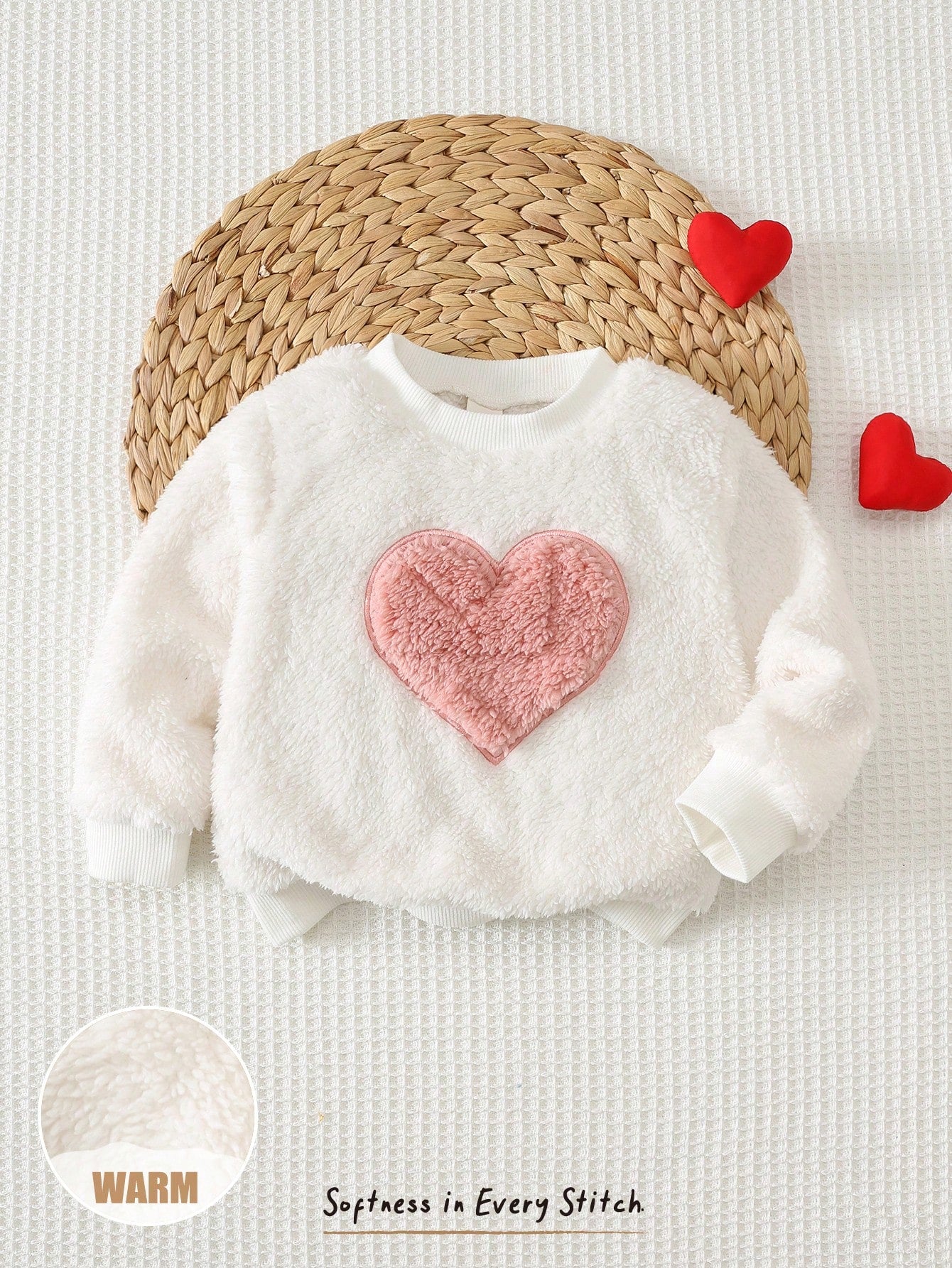 Cozy Pixies Baby Girl Heart Pattern Fleece Lined Thick Crew Neck Long Sleeve Pullover Sweatshirt, Comfortable Versatile Fashionable Casual Cute Minimalist Basic Style, Suitable For Indoor, Outdoor Lei