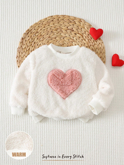 Cozy Pixies Baby Girl Heart Pattern Fleece Lined Thick Crew Neck Long Sleeve Pullover Sweatshirt, Comfortable Versatile Fashionable Casual Cute Minimalist Basic Style, Suitable For Indoor, Outdoor Lei
