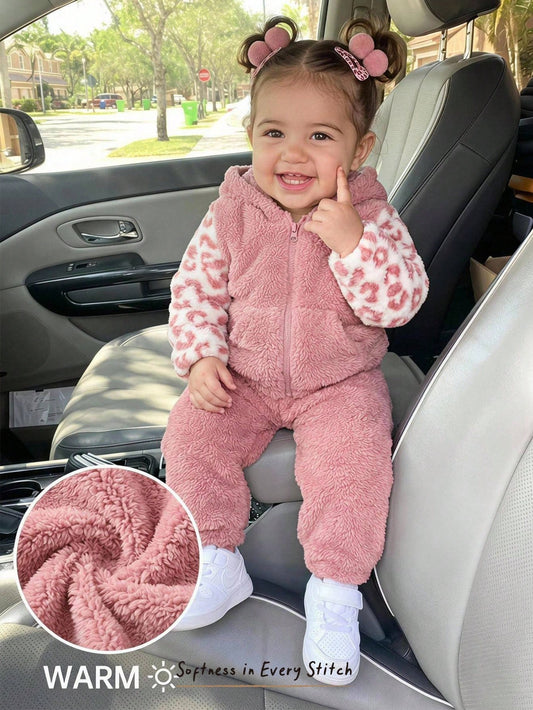 Cozy Pixies Baby Girl Hooded Fleece Jacket & Belly-Covering Long Pants 2 Pieces Set, Cute Autumn/Winter Leopard Print Colorblock Fuzzy Outfit