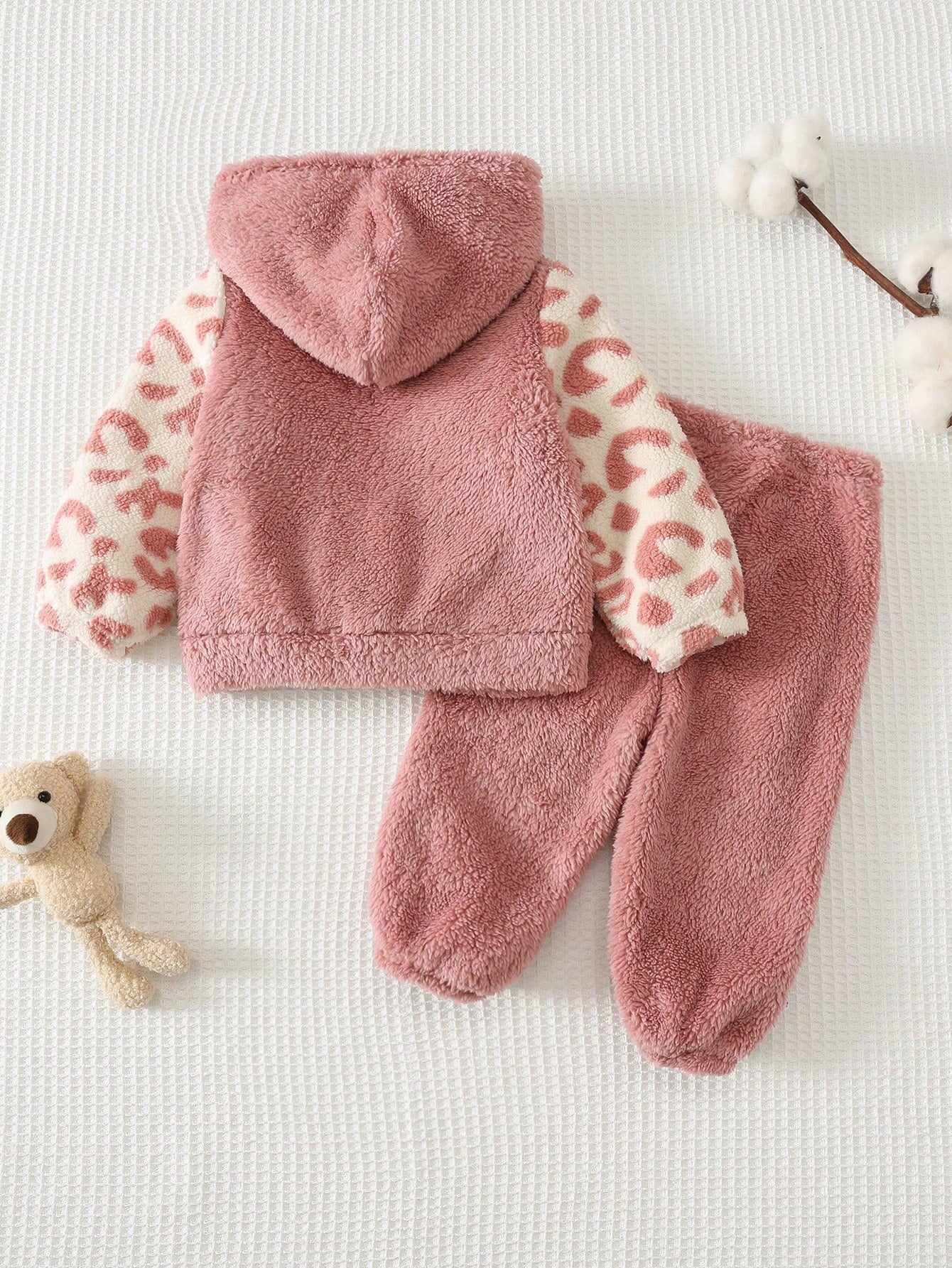 Cozy Pixies Baby Girl Hooded Fleece Jacket & Belly-Covering Long Pants 2 Pieces Set, Cute Autumn/Winter Leopard Print Colorblock Fuzzy Outfit