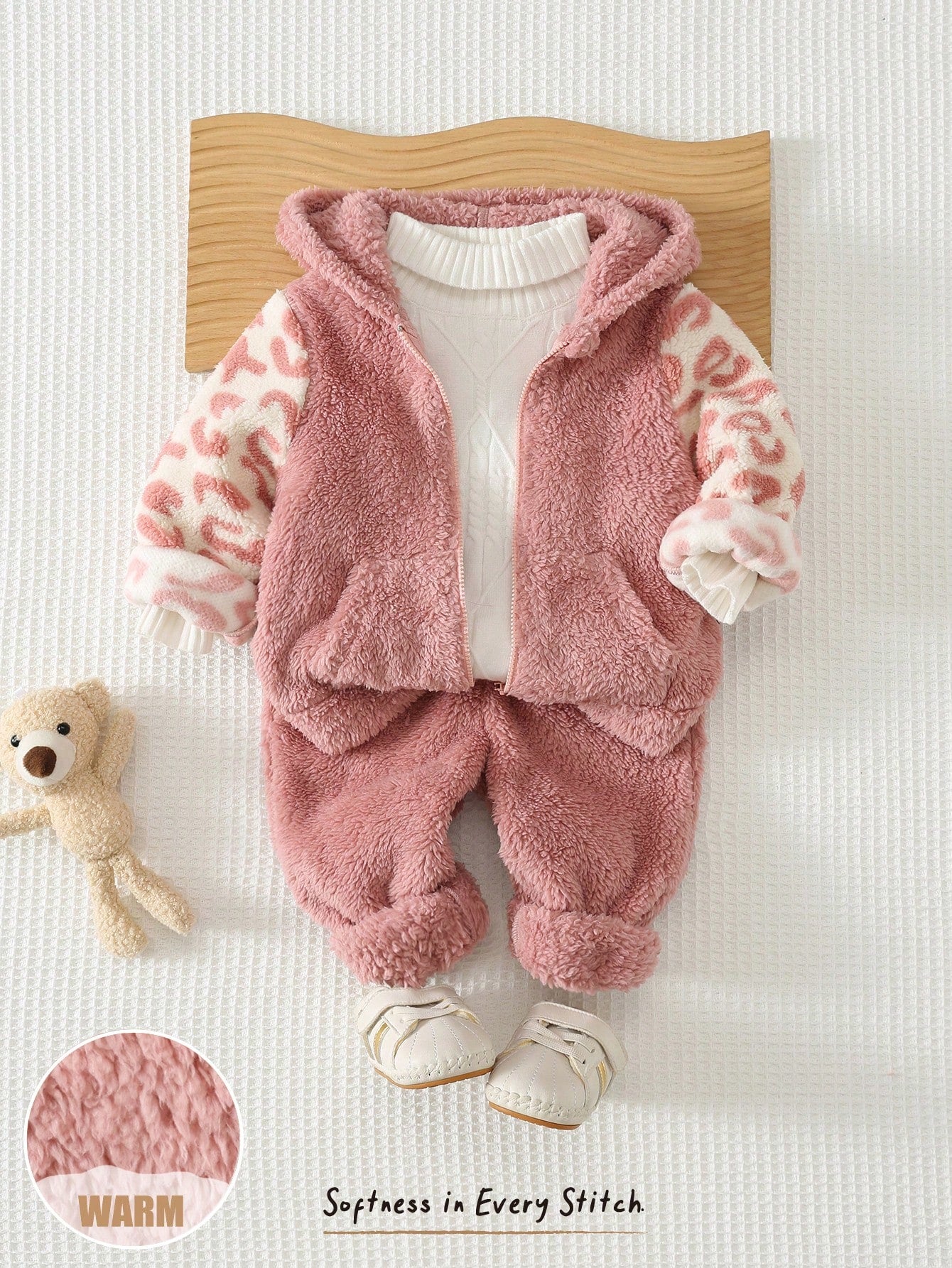 Cozy Pixies Baby Girl Hooded Fleece Jacket & Belly-Covering Long Pants 2 Pieces Set, Cute Autumn/Winter Leopard Print Colorblock Fuzzy Outfit