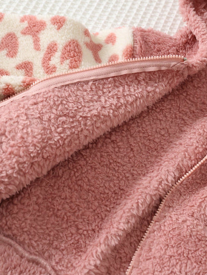 Cozy Pixies Baby Girl Hooded Fleece Jacket & Belly-Covering Long Pants 2 Pieces Set, Cute Autumn/Winter Leopard Print Colorblock Fuzzy Outfit