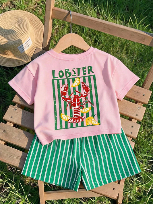 Cozy Pixies Baby Girl Vacation Style Casual Simple Shrimp Pattern Print Soft Round Neck Short Sleeve Pullover Top Green Striped Elastic Waist Shorts 2pcs Set