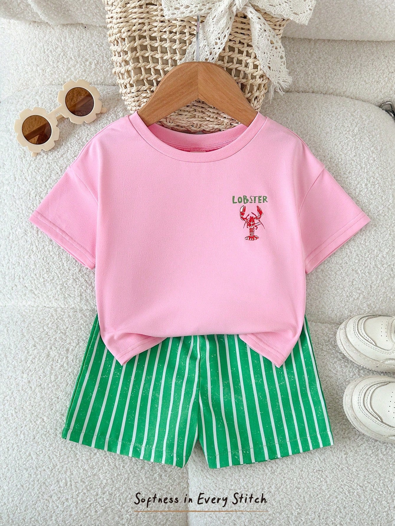 Cozy Pixies Baby Girl Vacation Style Casual Simple Shrimp Pattern Print Soft Round Neck Short Sleeve Pullover Top Green Striped Elastic Waist Shorts 2pcs Set