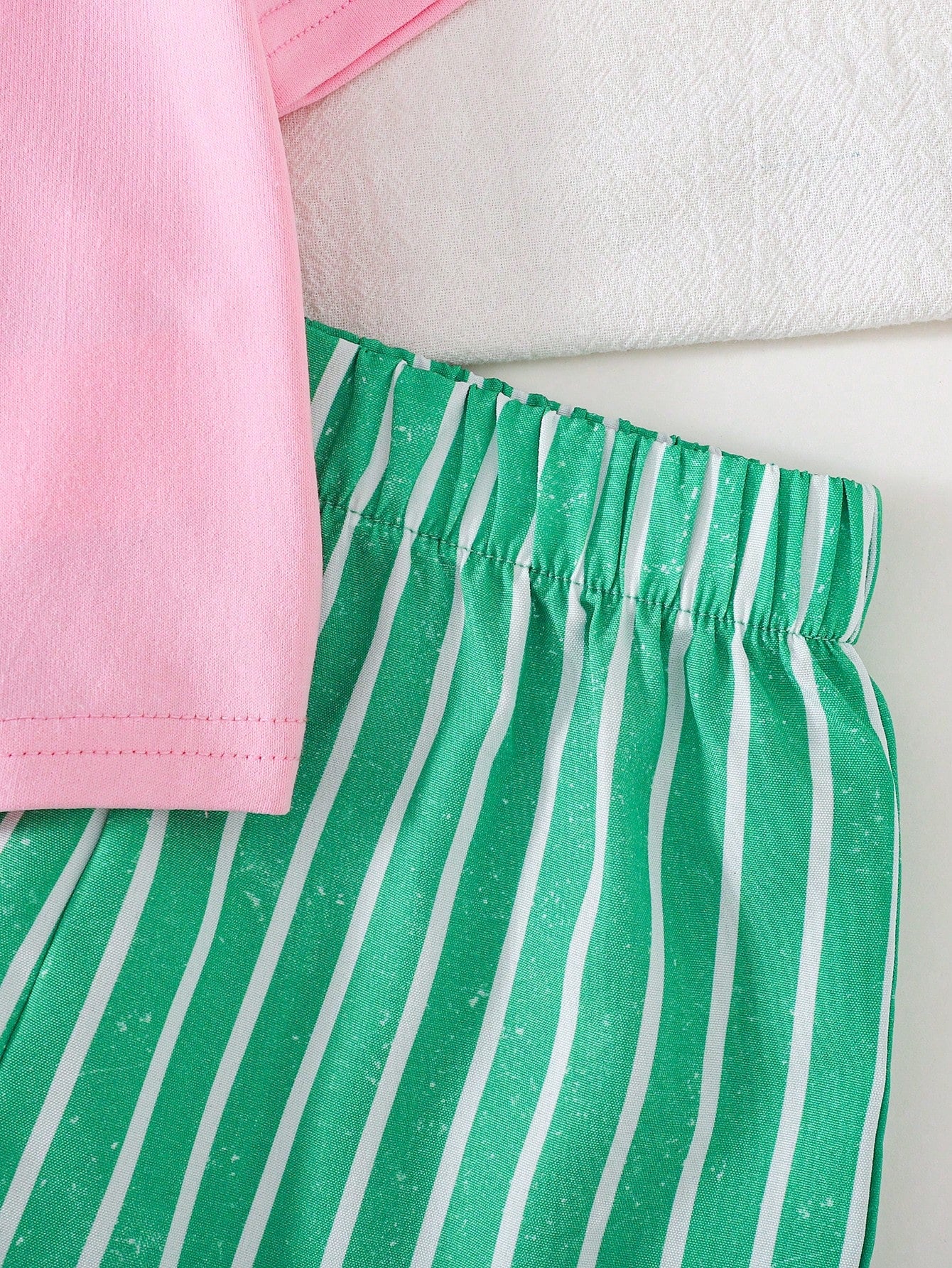 Cozy Pixies Baby Girl Vacation Style Casual Simple Shrimp Pattern Print Soft Round Neck Short Sleeve Pullover Top Green Striped Elastic Waist Shorts 2pcs Set