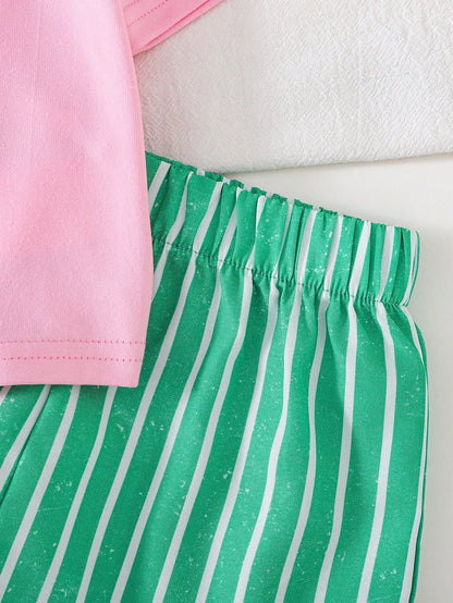 Cozy Pixies Baby Girl Vacation Style Casual Simple Shrimp Pattern Print Soft Round Neck Short Sleeve Pullover Top Green Striped Elastic Waist Shorts 2pcs Set