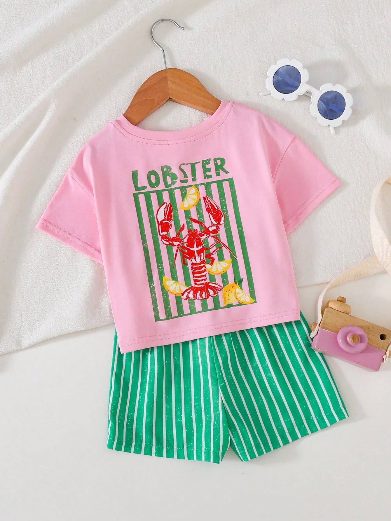 Cozy Pixies Baby Girl Vacation Style Casual Simple Shrimp Pattern Print Soft Round Neck Short Sleeve Pullover Top Green Striped Elastic Waist Shorts 2pcs Set