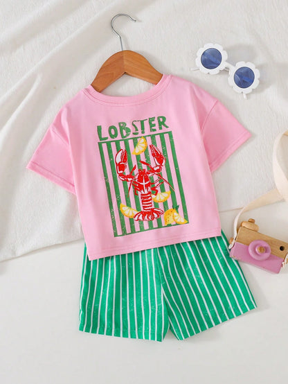 Cozy Pixies Baby Girl Vacation Style Casual Simple Shrimp Pattern Print Soft Round Neck Short Sleeve Pullover Top Green Striped Elastic Waist Shorts 2pcs Set