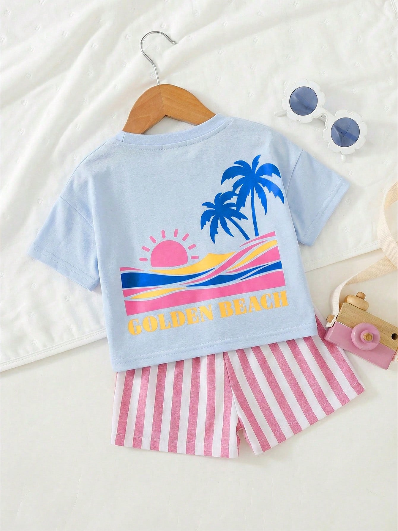 Cozy Pixies Baby Girl Vacation Style Casual Simple Shrimp Pattern Print Soft Round Neck Short Sleeve Pullover Top Green Striped Elastic Waist Shorts 2pcs Set