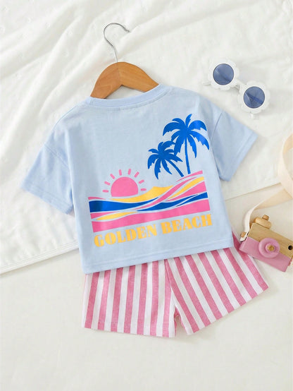 Cozy Pixies Baby Girl Vacation Style Casual Simple Shrimp Pattern Print Soft Round Neck Short Sleeve Pullover Top Green Striped Elastic Waist Shorts 2pcs Set
