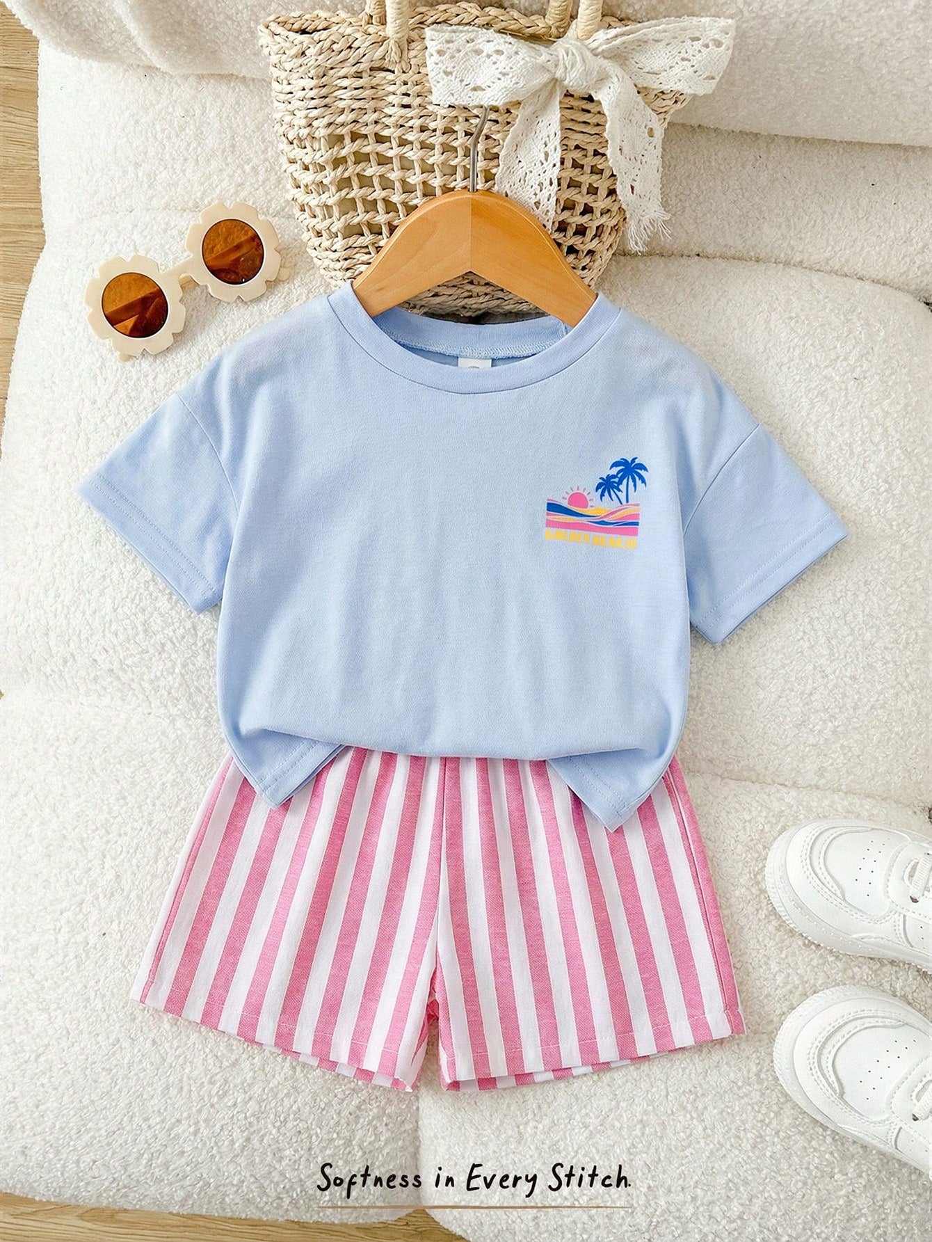Cozy Pixies Baby Girl Vacation Style Casual Simple Shrimp Pattern Print Soft Round Neck Short Sleeve Pullover Top Green Striped Elastic Waist Shorts 2pcs Set