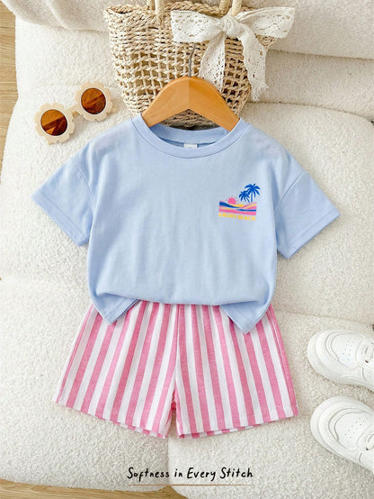 Cozy Pixies Baby Girl Vacation Style Casual Simple Shrimp Pattern Print Soft Round Neck Short Sleeve Pullover Top Green Striped Elastic Waist Shorts 2pcs Set