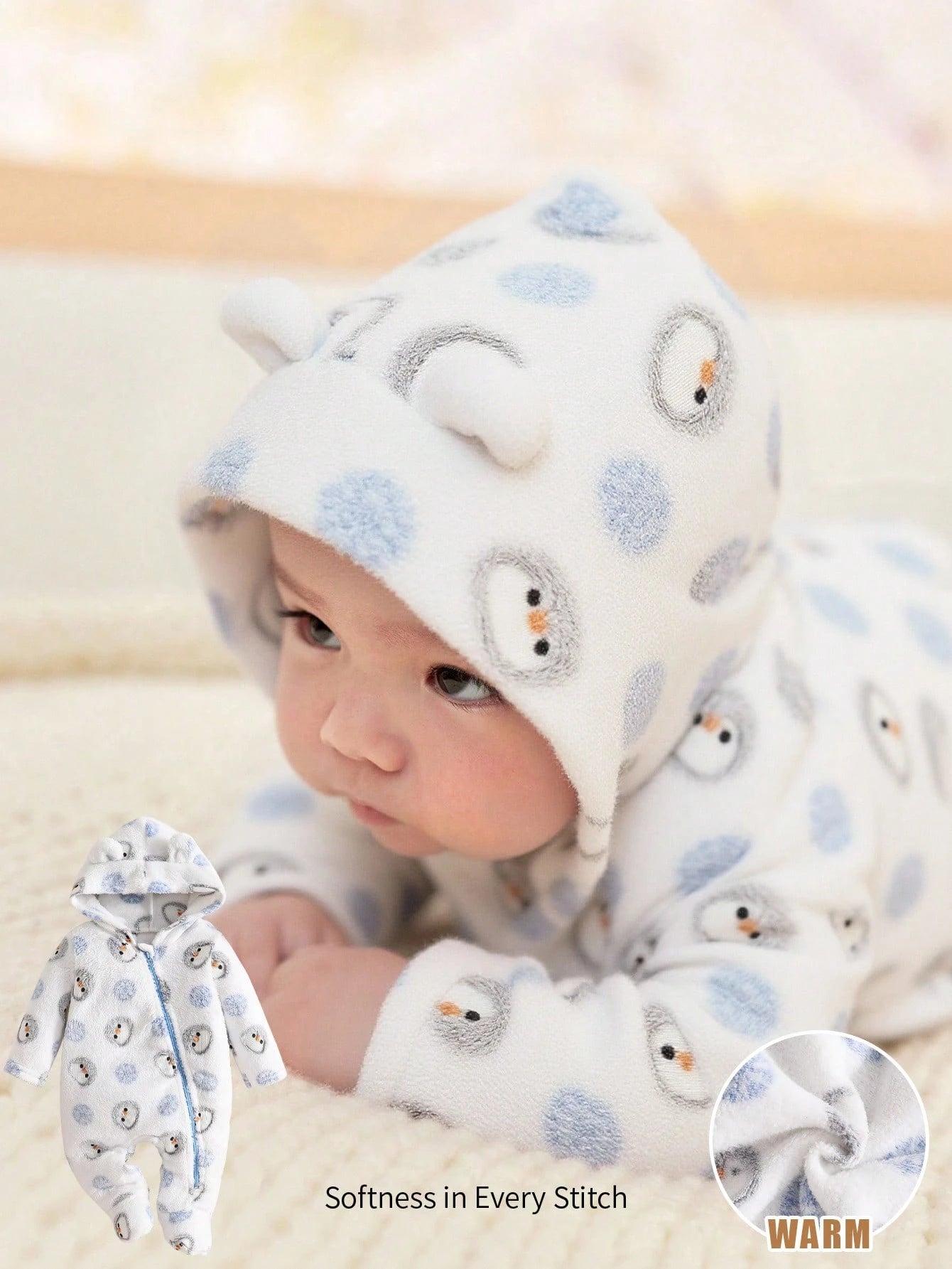 Cozy Pixies Newborn Baby Boy Cartoon Bear Ear Hooded Long Sleeve Fleece Jumpsuit Fall Winter