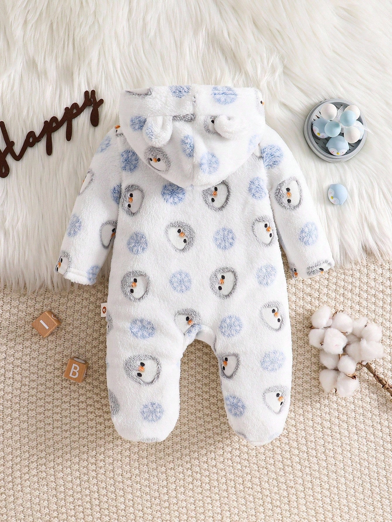 Cozy Pixies Newborn Baby Boy Cartoon Bear Ear Hooded Long Sleeve Fleece Jumpsuit Fall Winter
