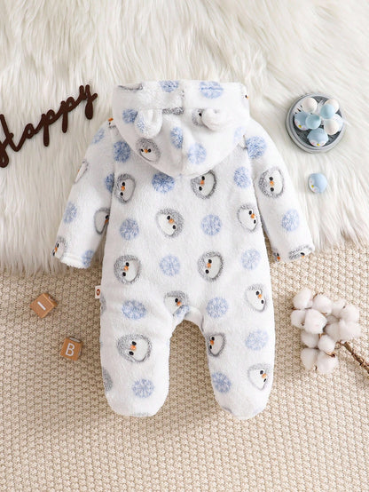 Cozy Pixies Newborn Baby Boy Cartoon Bear Ear Hooded Long Sleeve Fleece Jumpsuit Fall Winter
