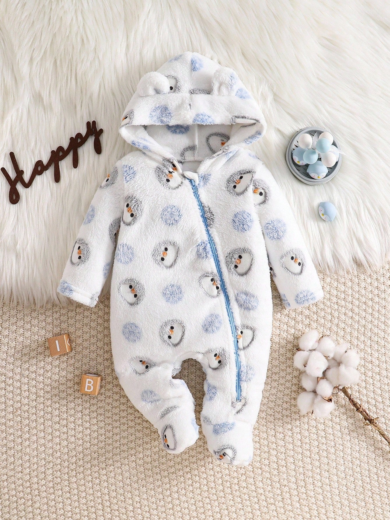 Cozy Pixies Newborn Baby Boy Cartoon Bear Ear Hooded Long Sleeve Fleece Jumpsuit Fall Winter