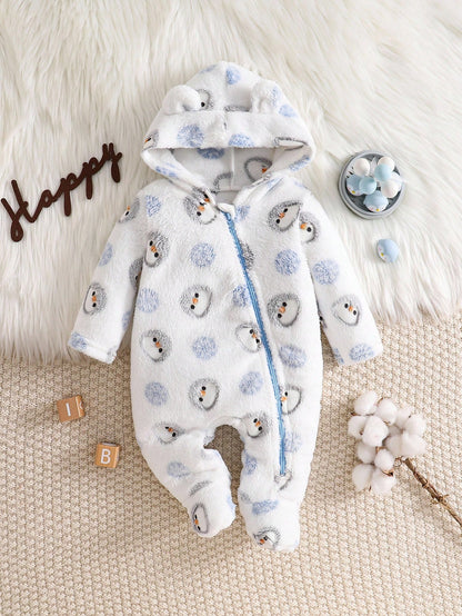 Cozy Pixies Newborn Baby Boy Cartoon Bear Ear Hooded Long Sleeve Fleece Jumpsuit Fall Winter