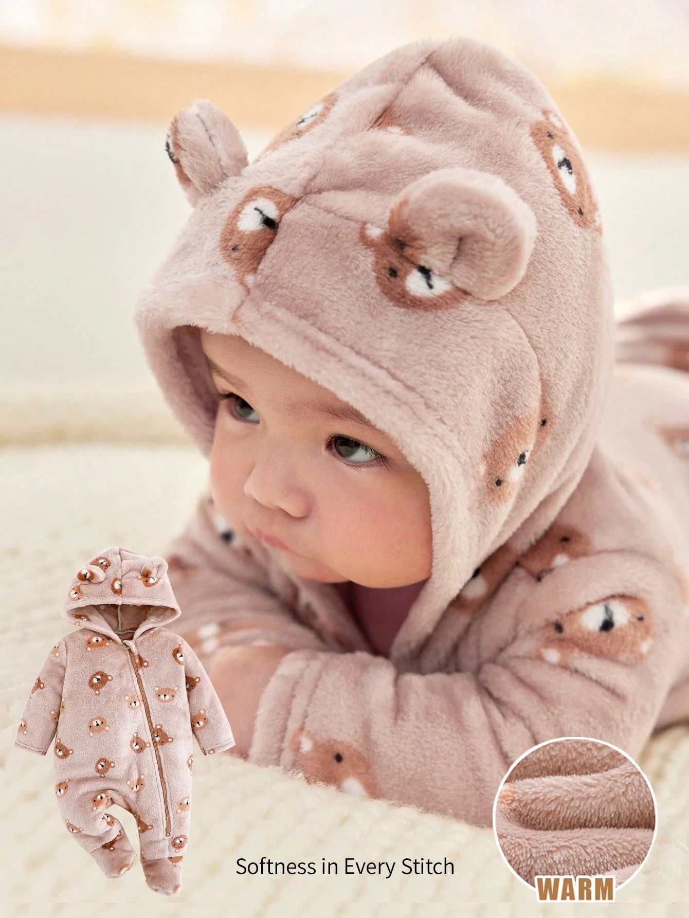Cozy Pixies Newborn Baby Boy Cartoon Bear Ear Hooded Long Sleeve Fleece Jumpsuit Fall Winter
