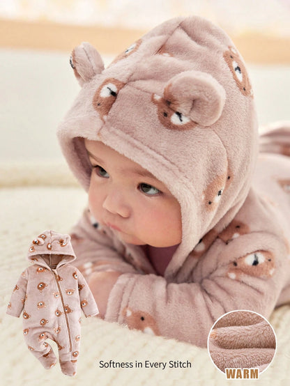 Cozy Pixies Newborn Baby Boy Cartoon Bear Ear Hooded Long Sleeve Fleece Jumpsuit Fall Winter