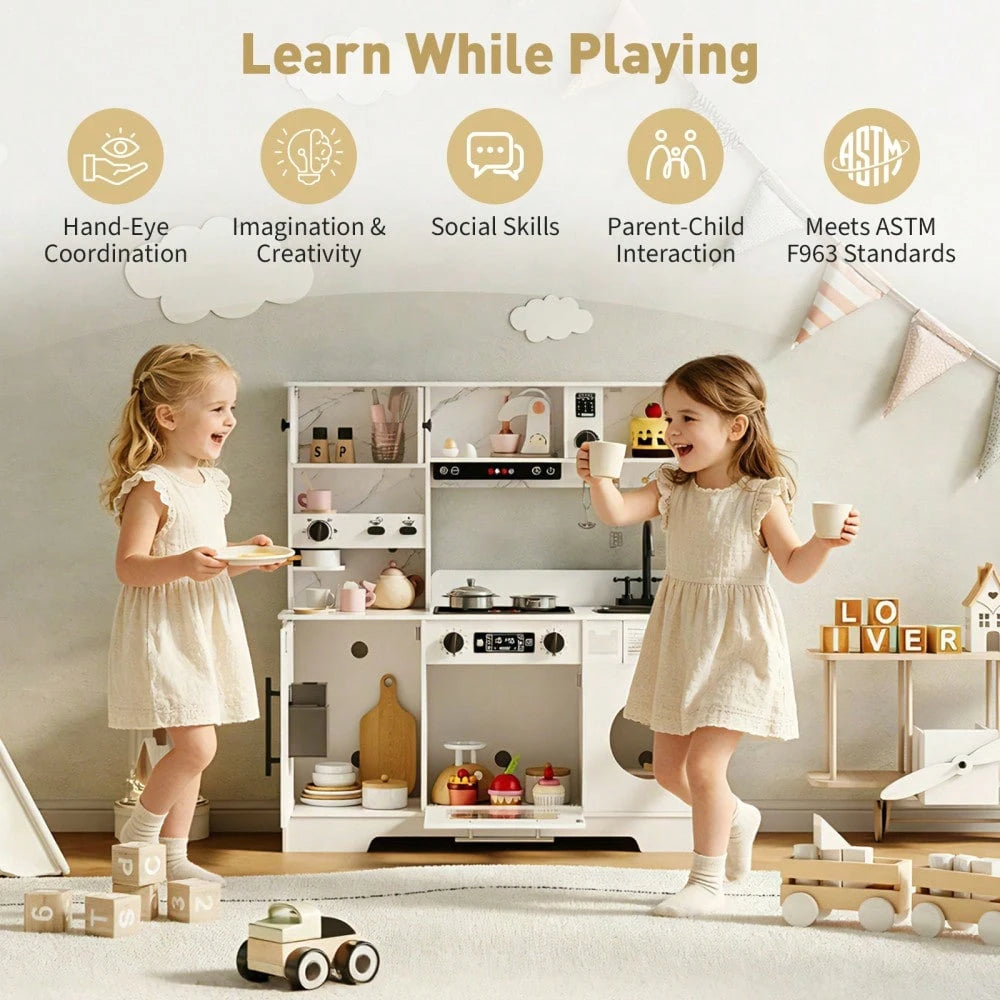 CuisinSmart Wooden Kids Play Kitchen Toy Set With Integrated Coffee Bar, Realistic Cooking Stove, Oven, Washing Machine & Sink, Large Toddler Kitchen Playset With 11 Accessories For Ages 3+