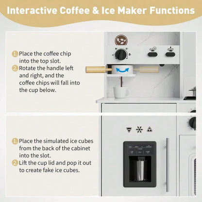 CuisinSmart Wooden Kids Play Kitchen Toy Set With Integrated Coffee Bar, Realistic Cooking Stove, Oven, Washing Machine & Sink, Large Toddler Kitchen Playset With 11 Accessories For Ages 3+