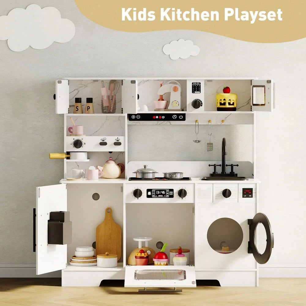 CuisinSmart Wooden Kids Play Kitchen Toy Set With Integrated Coffee Bar, Realistic Cooking Stove, Oven, Washing Machine & Sink, Large Toddler Kitchen Playset With 11 Accessories For Ages 3+