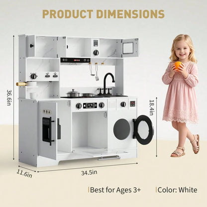 CuisinSmart Wooden Kids Play Kitchen Toy Set With Integrated Coffee Bar, Realistic Cooking Stove, Oven, Washing Machine & Sink, Large Toddler Kitchen Playset With 11 Accessories For Ages 3+