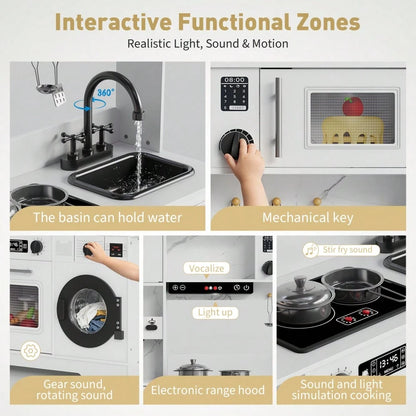 CuisinSmart Wooden Kids Play Kitchen Toy Set With Integrated Coffee Bar, Realistic Cooking Stove, Oven, Washing Machine & Sink, Large Toddler Kitchen Playset With 11 Accessories For Ages 3+