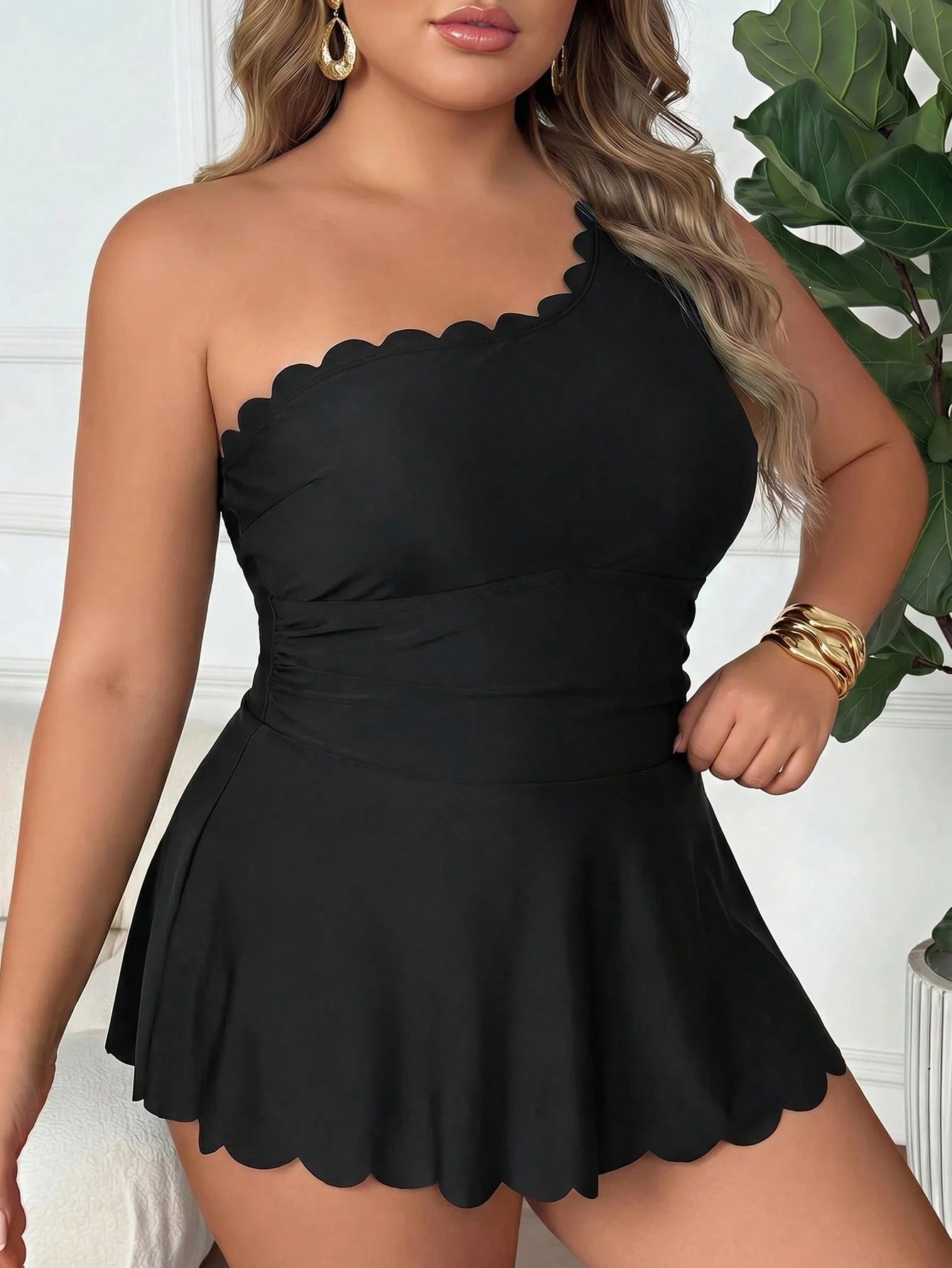 CURVE+ 2026 NEW Plus Size Solid Color Flounce Hem Asymmetric Sexy Beach Party Swimsuit Dress