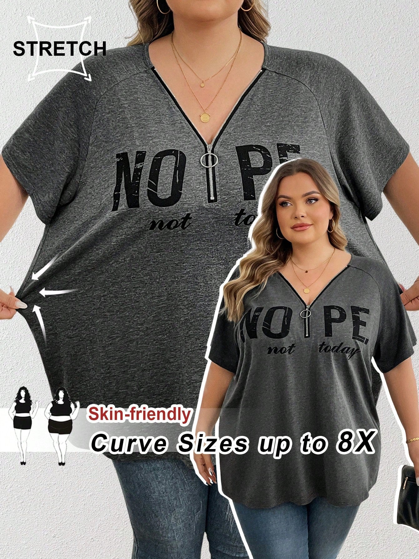 CURVE+ Plus Size Black Printed Letter V-Neck Short Sleeve T-Shirt With Half Zipper Vacation Airport Summer Casual Whimsical