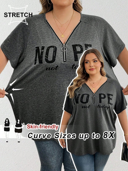 CURVE+ Plus Size Black Printed Letter V-Neck Short Sleeve T-Shirt With Half Zipper Vacation Airport Summer Casual Whimsical
