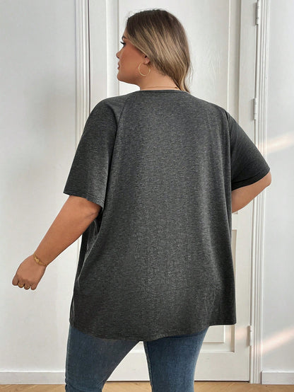 CURVE+ Plus Size Black Printed Letter V-Neck Short Sleeve T-Shirt With Half Zipper Vacation Airport Summer Casual Whimsical