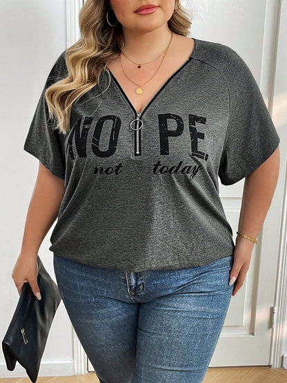 CURVE+ Plus Size Black Printed Letter V-Neck Short Sleeve T-Shirt With Half Zipper Vacation Airport Summer Casual Whimsical