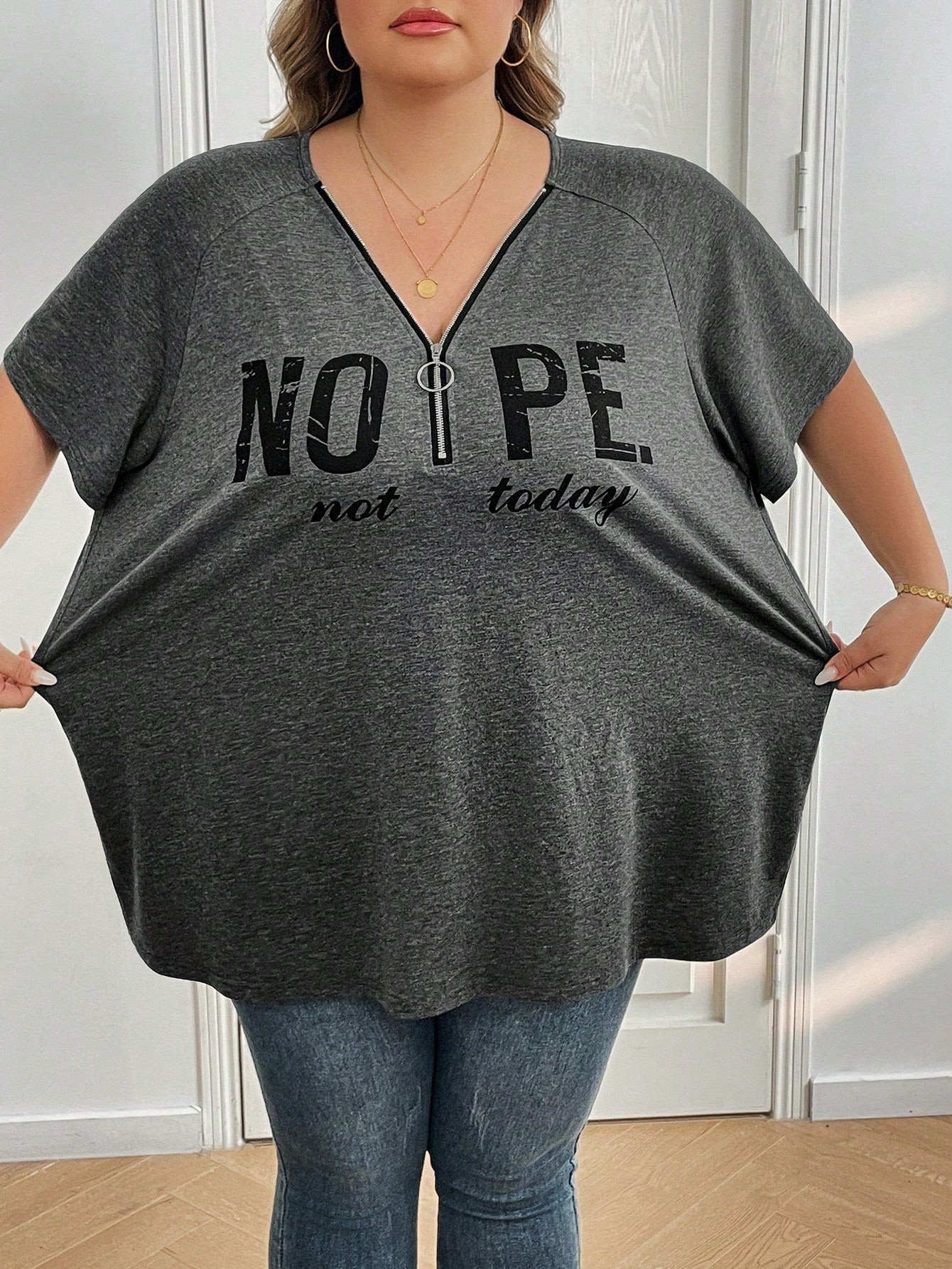 CURVE+ Plus Size Black Printed Letter V-Neck Short Sleeve T-Shirt With Half Zipper Vacation Airport Summer Casual Whimsical