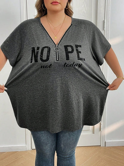 CURVE+ Plus Size Black Printed Letter V-Neck Short Sleeve T-Shirt With Half Zipper Vacation Airport Summer Casual Whimsical