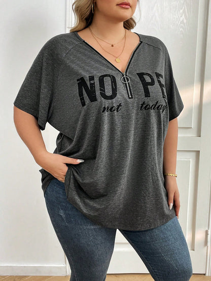 CURVE+ Plus Size Black Printed Letter V-Neck Short Sleeve T-Shirt With Half Zipper Vacation Airport Summer Casual Whimsical