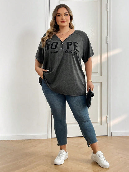 CURVE+ Plus Size Black Printed Letter V-Neck Short Sleeve T-Shirt With Half Zipper Vacation Airport Summer Casual Whimsical