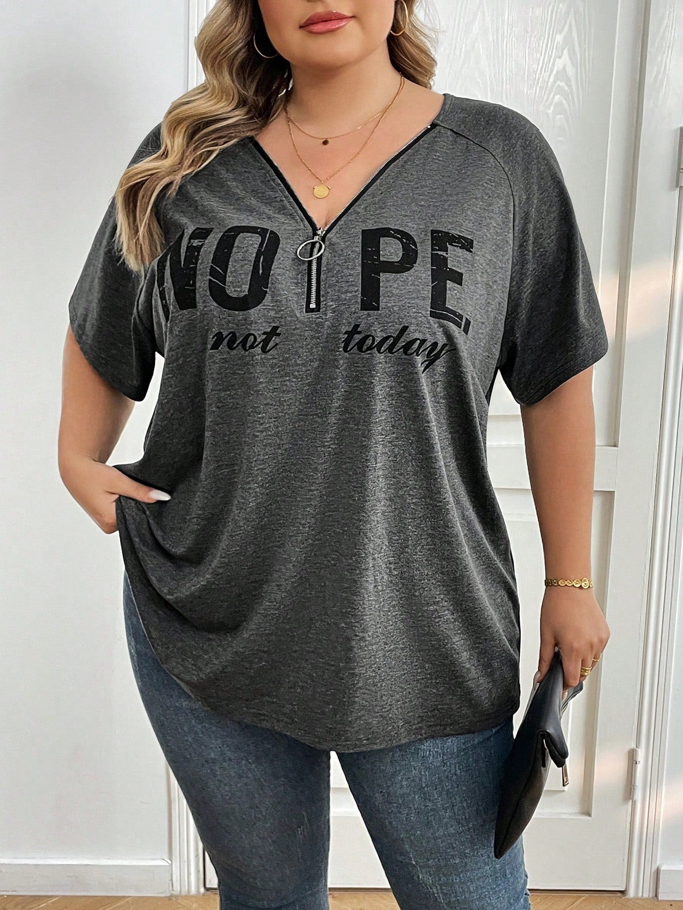 CURVE+ Plus Size Black Printed Letter V-Neck Short Sleeve T-Shirt With Half Zipper Vacation Airport Summer Casual Whimsical