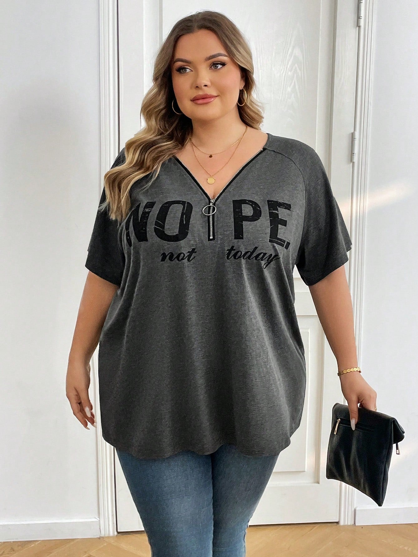 CURVE+ Plus Size Black Printed Letter V-Neck Short Sleeve T-Shirt With Half Zipper Vacation Airport Summer Casual Whimsical