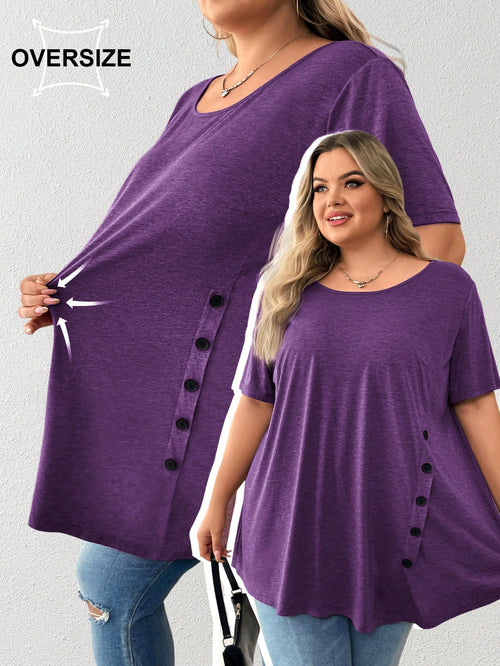 CURVE+ Plus Size Button Detail Asymmetrical Hem Tee