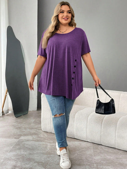 CURVE+ Plus Size Button Detail Asymmetrical Hem Tee