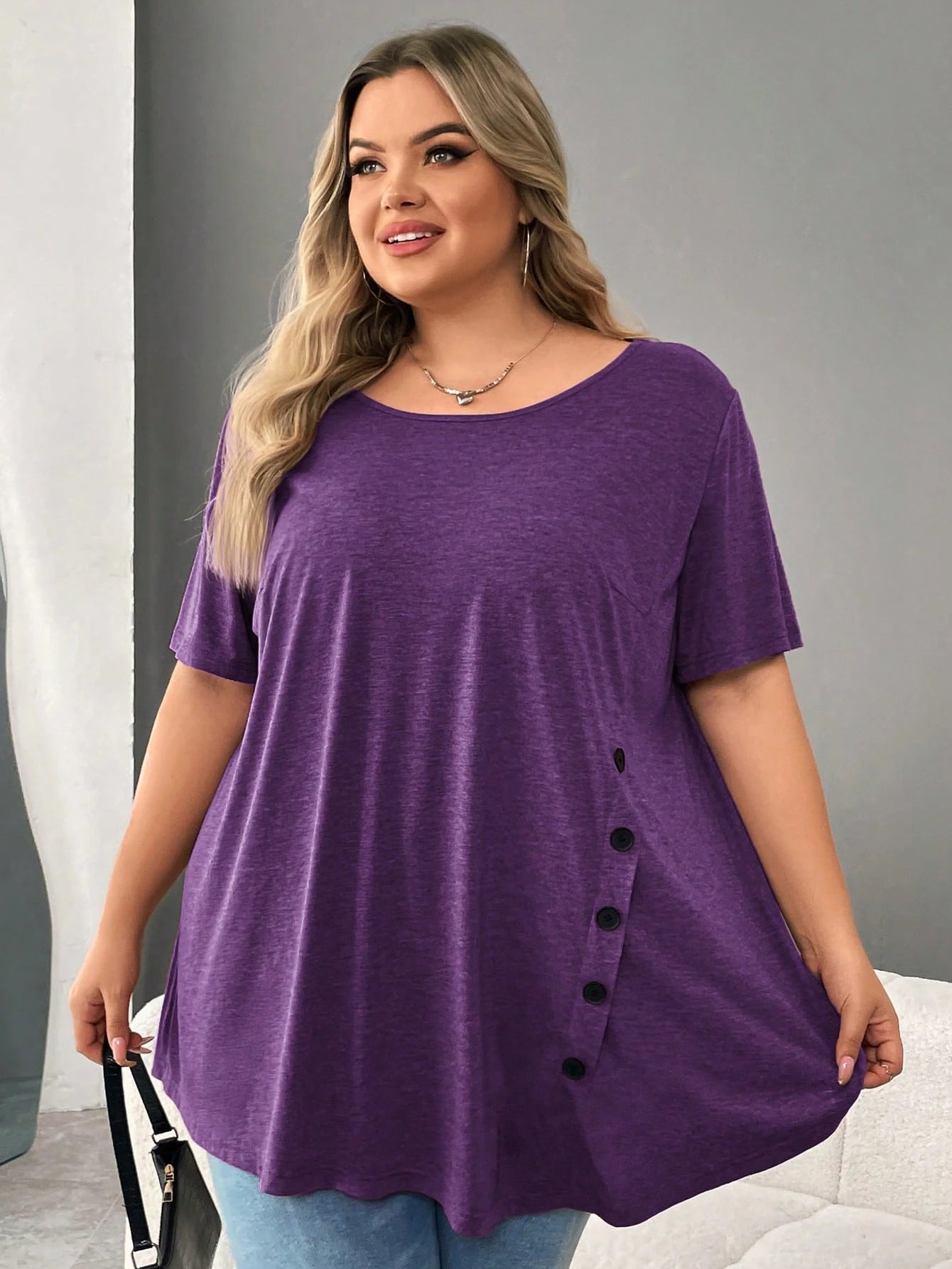 CURVE+ Plus Size Button Detail Asymmetrical Hem Tee