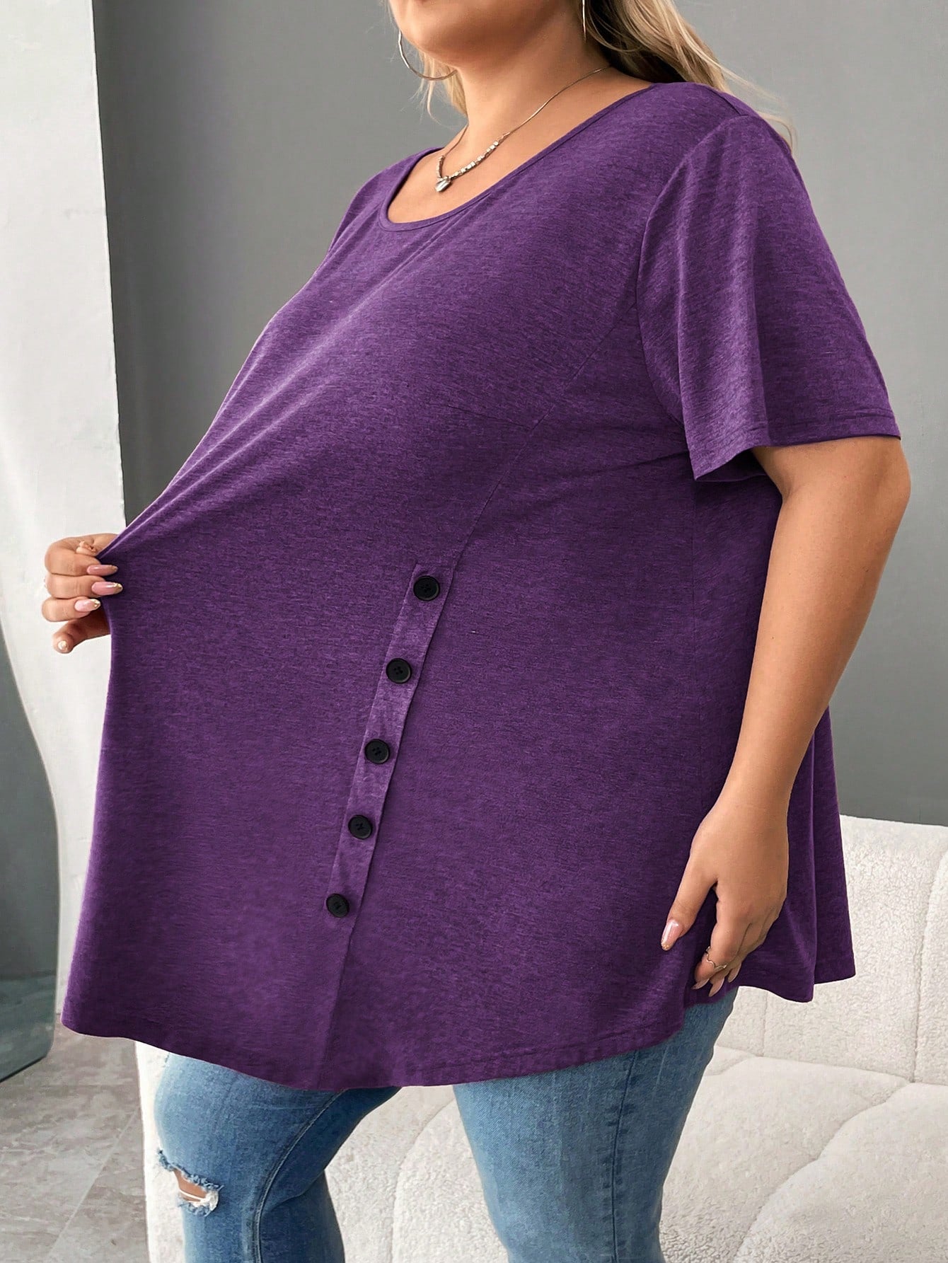 CURVE+ Plus Size Button Detail Asymmetrical Hem Tee