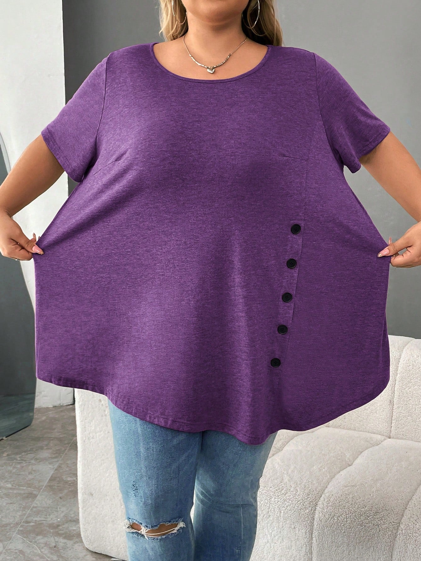 CURVE+ Plus Size Button Detail Asymmetrical Hem Tee