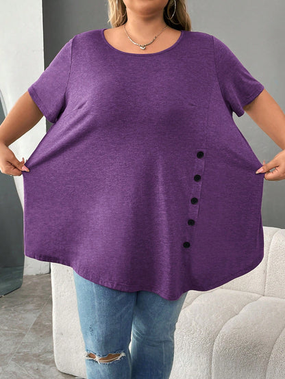 CURVE+ Plus Size Button Detail Asymmetrical Hem Tee