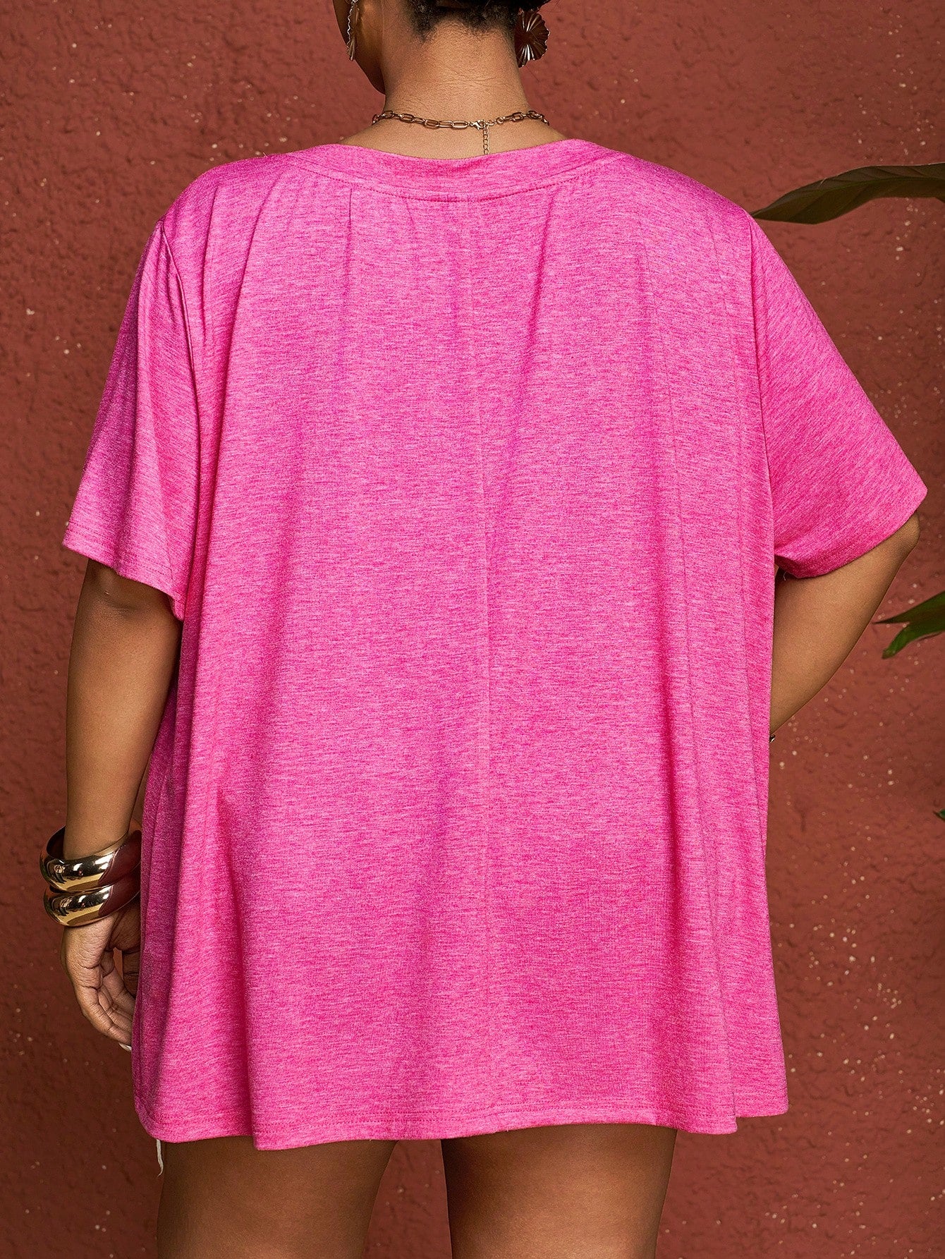 CURVE+ Plus Size V-Neck Short Sleeve T-Shirt Solid Pastel Pink Women Tops Criss Cross Top Vacation Office Concert Summer Business Casual